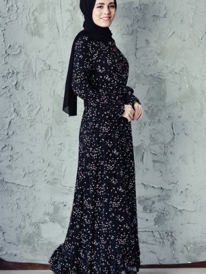 Sefamerve Siyah Desenli Kuşaklı Elbise