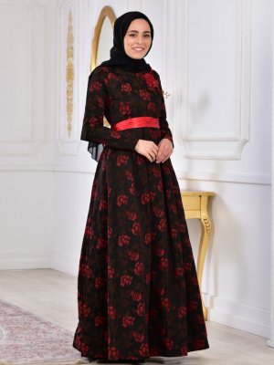 Sefamerve Siyah Kırmızı Çiçek Aplikeli Abiye Elbise