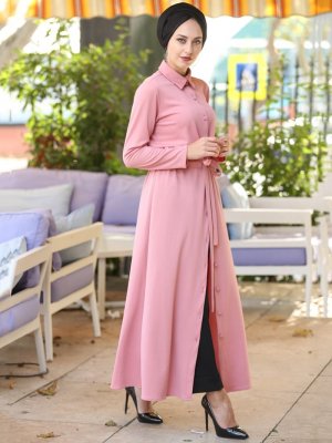 İnşirah Pudra Boydan Düğmeli Tunik Elbise
