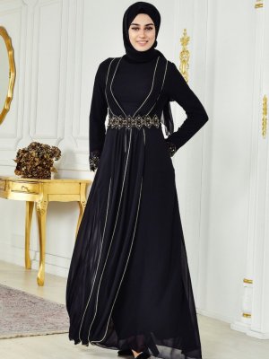Sefamerve Siyah Şifon Abiye Elbise