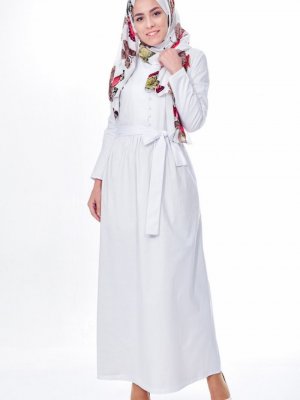 Sefamerve Beyaz Beli Kuşaklı Elbise