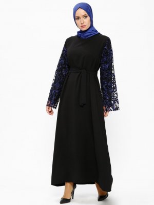 Filizzade Siyah Saks Kolları Simli Elbise