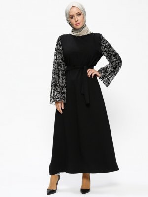 Filizzade Siyah Gümüş Kolları Simli Elbise