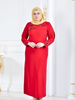 Sefamerve Kırmızı Büyük Beden Dantelli Abiye Elbise
