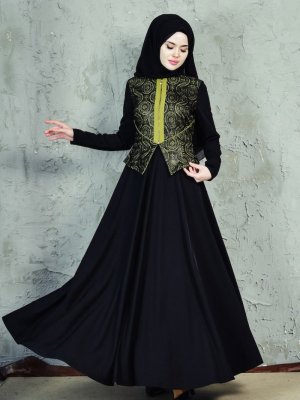 Sefamerve Siyah Haki Fermuar Detaylı Dantelli Elbise