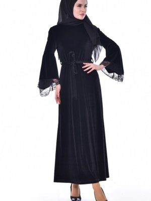Sefamerve Siyah Kuşaklı Kadife Elbise
