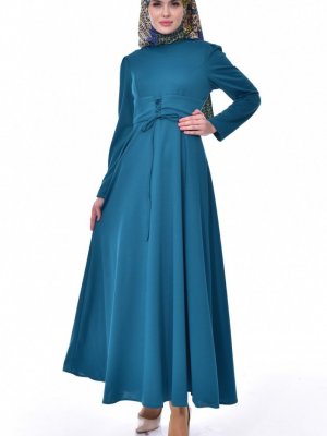 Sefamerve Petrol Mavisi Bağcıklı Elbise