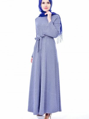Sefamerve Mavi Pötikare Kuşaklı Elbise