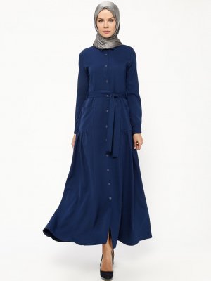BÜRÜN İndigo Cep Detaylı Boydan Düğmeli Elbise