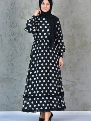 Sefamerve Siyah Puantiyeli Şifon Elbise