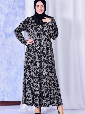 Sefamerve Siyah Büyük Beden Desenli Elbise