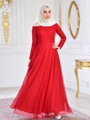 Sefamerve Kırmızı Dantelli Şifon Abiye Elbise