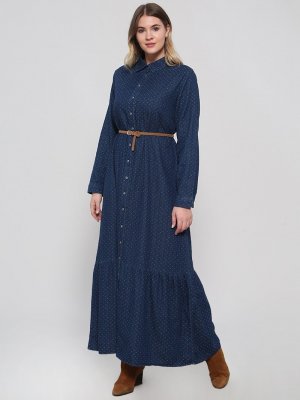 Alia Lacivert Doğal Kumaşlı Puantiyeli Kot Elbise