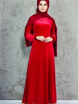 Sefamerve Kırmızı Kadife Elbise