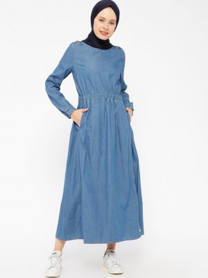 DE-MİM Mavi Doğal Kumaşlı Kot Elbise