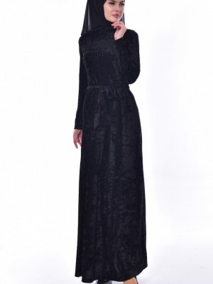 Sefamerve Siyah Taş Baskılı Kadife Elbise