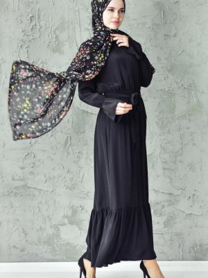 Sefamerve Siyah Büzgülü Kuşaklı Elbise