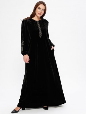 Ginezza Siyah Drop Baskılı Nakışlı Kadife Elbise