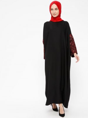 Filizzade Siyah Bordo Kolları Detaylı Elbise Ferace