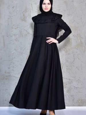 Sefamerve Siyah Fırfır Detaylı Elbise
