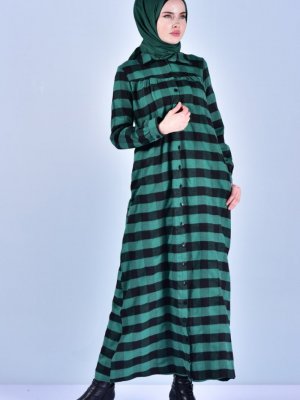 Sefamerve Zümrüt Yeşili Kareli Düğmeli Elbise