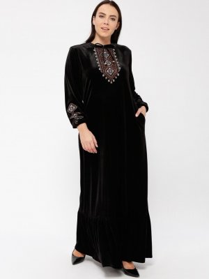 Ginezza Siyah Nakışlı Kadife Elbise