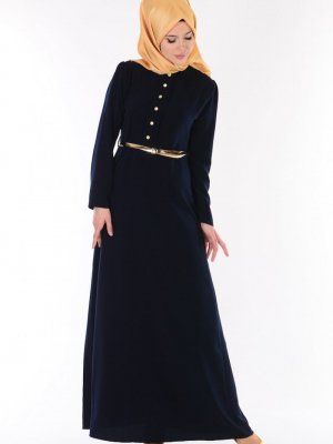 Sefamerve Lacivert Düğme Detaylı Kemerli Elbise