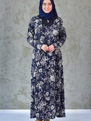 Sefamerve Lacivert Gri Büyük Beden Çiçekli Elbise