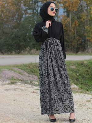 Fatma Aydın Siyah Gri Desenli Elbise