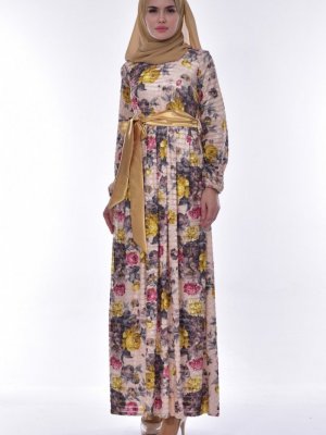 Sefamerve Bej Sarı Çiçek Desenli Kadife Elbise