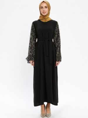 Filizzade Siyah Gold Kolları Simli Elbise
