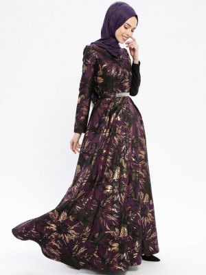 MissGlamour Mor Jakarlı Abiye Elbise