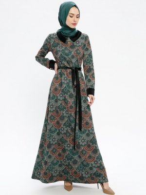 MissGlamour Yeşil Sivri Yaka Abiye Elbise