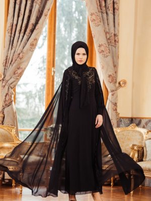 Sefamerve Siyah Taş Detaylı Abiye Elbise