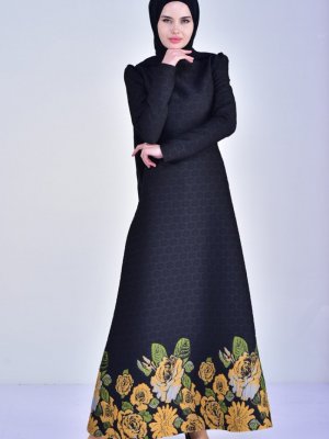 Sefamerve Siyah Sarı Jakarlı Desenli Elbise