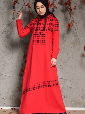 Sefamerve Kırmızı Kapüşonlu Elbise