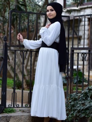 Sefamerve Beyaz Kemerli Şifon Elbise