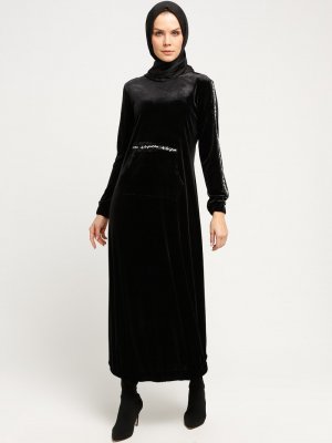 Ginezza Siyah Drop Baskılı Kadife Elbise