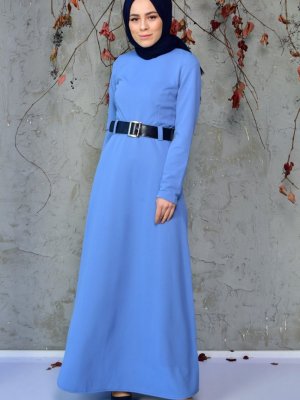 Sefamerve Mavi Kemer Detaylı Elbise