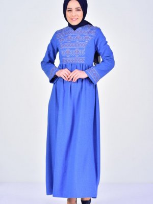 Sefamerve Mavi Nakışlı Elbise