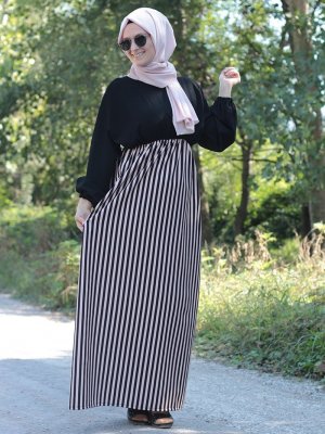 Fatma Aydın Siyah Krem Çizgili Elbise