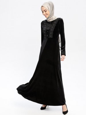 Laruj Siyah Güpür Detaylı Kadife Elbise