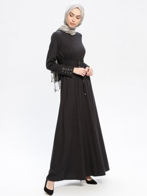 Laruj Siyah Beli Bağcıklı Elbise