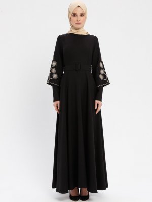 Loreen By Puane Siyah Boncuk İşlemeli Elbise
