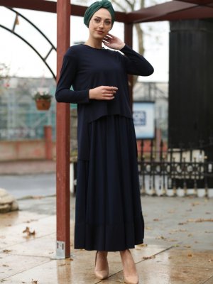 İnşirah Lacivert Şifon Detaylı Elbise