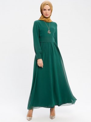 MEKSİLA Yeşil Kolyeli Şifon Elbise