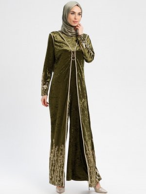 MEKSİLA Haki Gold Baskılı Kadife Tulum Elbise
