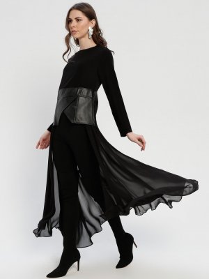 Minimal Moda Siyah Deri Detaylı Tunik