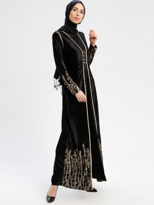 MEKSİLA Siyah Gold Baskılı Kadife Tulum Elbise