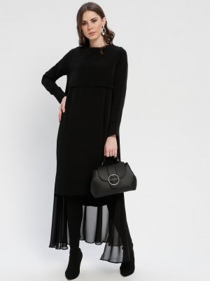 Minimal Moda Siyah Arkası Şifonlu Tunik